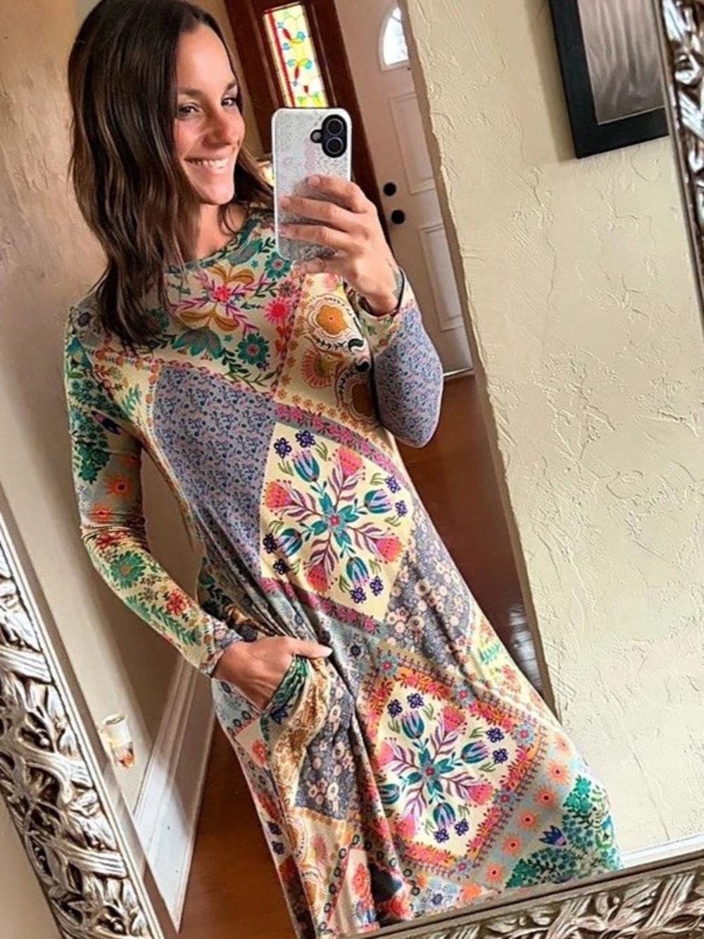 Natural Life Stevie long sleeve Geometric Maxi Dress in Multicolor patchwork